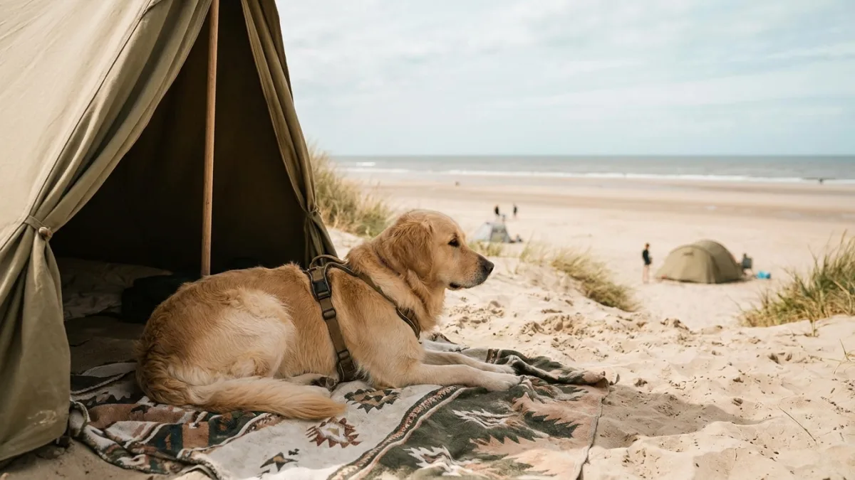Ein glücklicher Hund rennt am weiten Sandstrand der dänischen Nordsee beim Campingurlaub.
