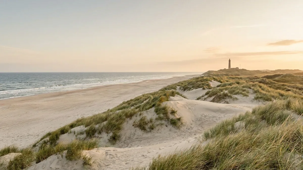 Weite Sandstrände und sanfte Dünen an der malerischen dänischen Nordseeküste laden zu einem erholsamen Urlaub ein.