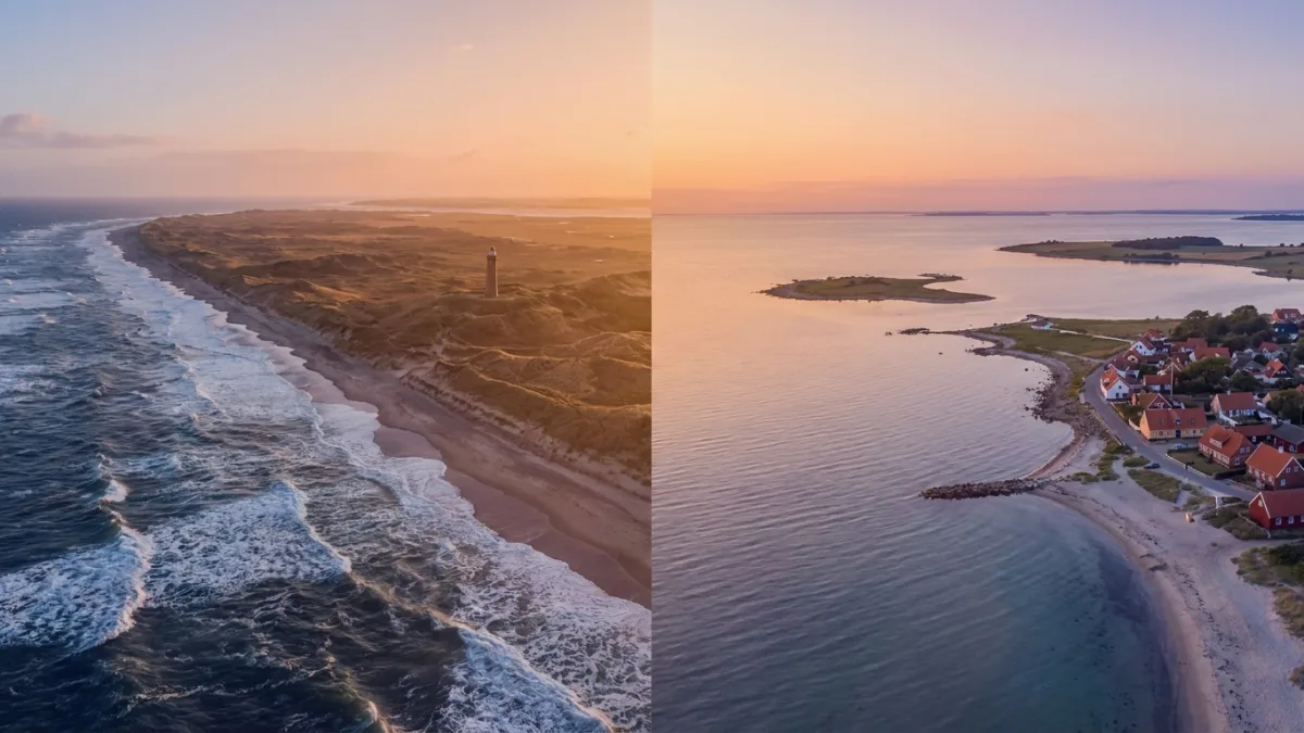 Eine geteilte Ansicht der wilden dänischen Nordseeküste und der ruhigen Ostseestrände.