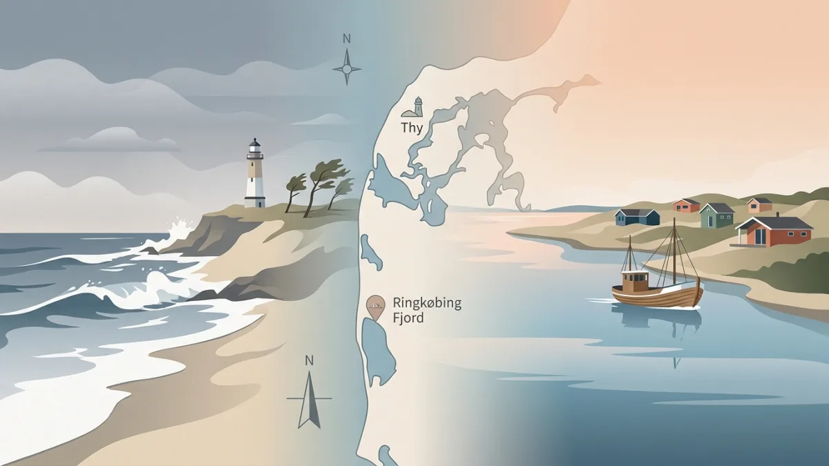 Ein ruhiger Fjord und die raue Nordsee treffen in der Küstenregion von Mitteljütland aufeinander.